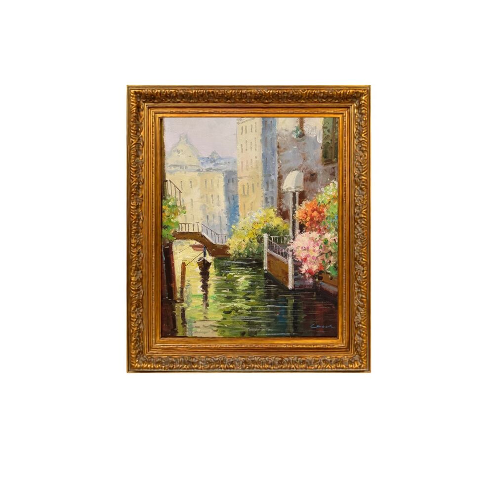 Ornate Gold-Framed Venetian Canal Impressionist Oil Painting (28.5" x 33")